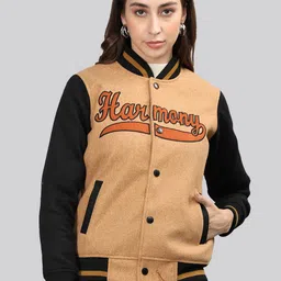 CHKOKKO Typography Printed Mock Collar Varsity Jacket-22