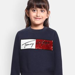 Tommy Hilfiger Girls Navy Blue Solid Brand Logo Organic Cotton Hooded Sweatshirt-image-44