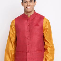 Fabindia Men Red Woven Design Linen Nehru Jacket-13