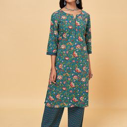RANGMANCH BY PANTALOONS Women Teal Floral Printed Pure Cotton Kurta Set-picture-12