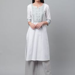akheri Women White & Grey Chevron Woven-Design Dobby Weave Straight Kurta-picture-2