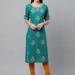 akheri Women Teal Green & Beige Chikankari Embroidered Handloom Straight Kurta-image-95