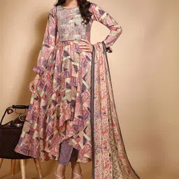 KALINI Floral Printed Thread Work Chanderi Cotton Kurta With Trousers & Dupatta-picture-50