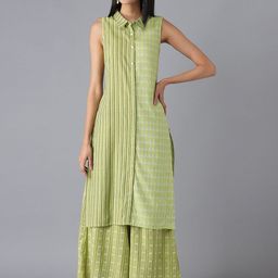 AURELIA Women Green Striped Pure Cotton Kurta with Palazzos-image-18
