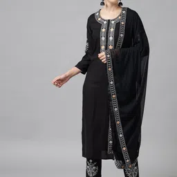 Meeranshi Women Black Floral Embroidered Mukaish Pure Cotton Kurta with Trousers & With Dupatta-15