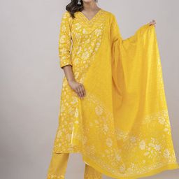 Jasoriya Floral Printed Thread Work Pure Cotton Straight Kurta With Trousers & Dupatta-picture-21