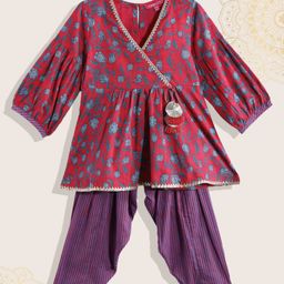 Biba Girls Magenta & Purple Floral Printed Angrakha Pure Cotton Kurta with Salwar-picture-19