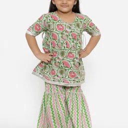 Readiprint Fashions Girls Green Printed Angrakha Pure Cotton Kurta with Sharara-image-1