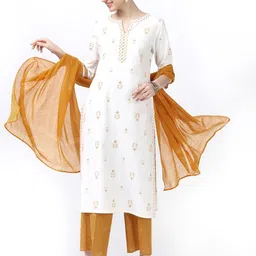 Vishudh Women Off White Ethnic Motifs  Pure Cotton Kurta & Trousers with Dupatta-image-83