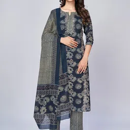 KALINI Women Blue & Beige Floral Printed Pure Cotton Kurta with Trouser & With Dupatta-image-98