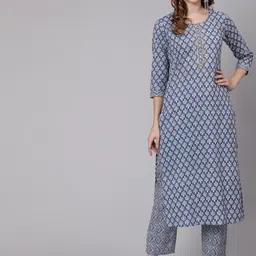 GLAM ROOTS Women Blue Printed Pure Cotton Kurta with Trouser-58