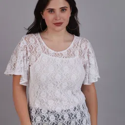 Dressitude Women Self Design Flared Sleeve Cotton Lace Top with Camisole-picture-8