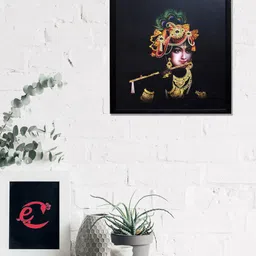 eCraftIndia Black & Gold-Coloured Krishna Playing Flute Satin Matt Texture UV Wall Art-13