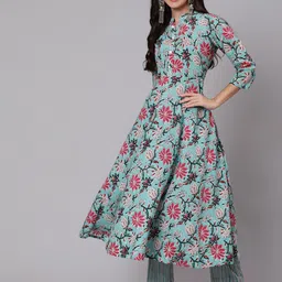 GLAM ROOTS Women Turquoise Blue Floral Printed Pure Cotton Kurta with Trousers-56