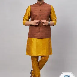 VASTRAMAY Mandarin Collar Straight Kurta With Churidar & Woven Design Nehru Jacket-picture-12