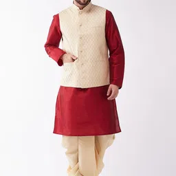 VASTRAMAY Mandarin Collar Regular Kurta With Dhoti Pants & Nehru Jacket-image-45