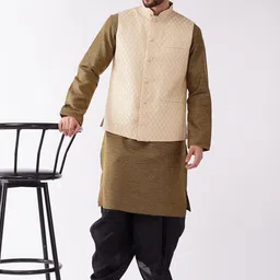 VASTRAMAY Woven Design Mandarin Collar Regular Kurta With Dhoti Pants & Nehru Jacket-image-43