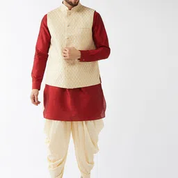 VASTRAMAY Mandarin Collar Regular Kurta with Dhoti Pants & Woven Design Nehru Jacket-image-76
