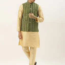 SOJANYA Men Golden Thread Work Kurta with Churidar & Nehru Jacket-picture-21