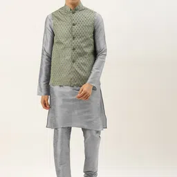 SOJANYA Men Grey Kurta with Churidar & Nehru Jacket-19
