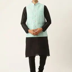 SOJANYA Men Black & Sea Green Solid Kurta with Churidar & Nehru Jacket-picture-14