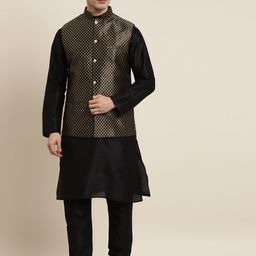 SOJANYA Men Black Solid Kurta with Churidar & Nehru Jacket-image-25
