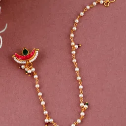 Silvermerc Designs Gold-Toned Red Kundan-Studded & Pearl Beaded Meenakari Chained Nosering-36