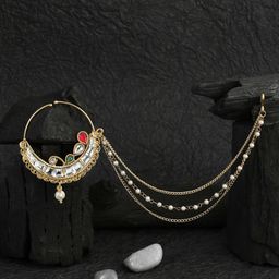 Adwitiya Collection 24KT Gold-Plated Stone-Studded Clip-On Nosepin With Beaded Extension-image-73