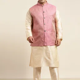 SOJANYA PLUS Men Plus Size Beige Solid Kurta & Churidar Comes With a Nehru Jacket-18