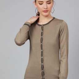 Cayman Women Beige Solid Cardigan Sweater With Contrast Stripe Detail-image-44