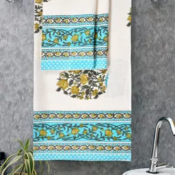 MAFATLAL 3 Pcs White & Sea Green Printed 210 GSM Pure Cotton Super Absorbent Towel Set-26