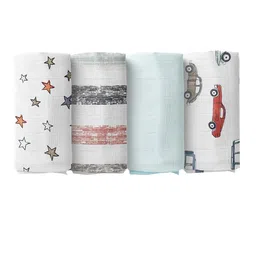 Moms Home Kids Pack Of 4 White & Blue Organic Cotton Soft Baby Muslin Swaddle-33