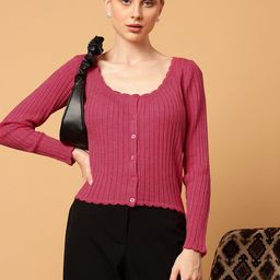 MINT STREET Self Design Scoop Neck Acrylic Cardigan Sweater-image-44