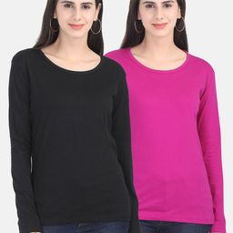 Fleximaa Women Black & Magenta Set Of 2 Cotton T-shirt-13
