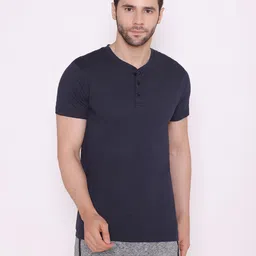 BODYACTIVE Men Navy Blue Henley Neck Cotton T-shirt-image-70