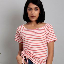 Lake Peace Women White & Orange Striped Organic Cotton T-shirt-picture-32