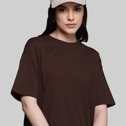 Leotude Women Solid Round Neck Cotton Oversized T-shirt-image-60