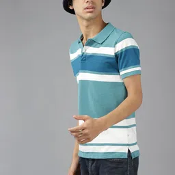 UTH by Roadster Boys Blue & White Striped Polo Collar Pure Cotton T-shirt-image-33