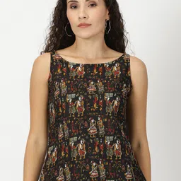 Saffron Threads Black Tribal Printed Boat Neck Pure Cotton Top-image-79