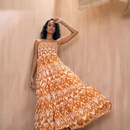 Pink Paprika by SASSAFRAS Ikat Printed Shoulder Straps Cotton Tiered Maxi Dress-image-14