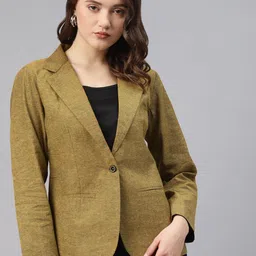 Cottinfab Women Olive Green Woven Design Cotton Formal Single Breasted Blazer-34