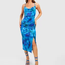 Boohoo Printed Cowl Neck Slip Midi Dress-image-17