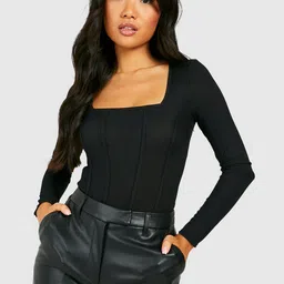 Boohoo Petite Ribbed Square Neck Full Sleeves Bodysuit-image-59
