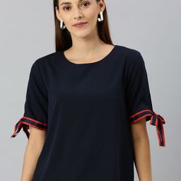 RARE Women Navy Blue Solid Top With Tie-Up Sleeves-image-49