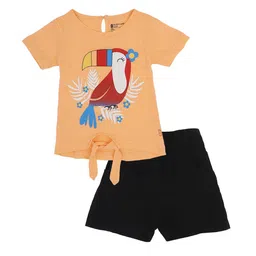Bodycare Kids Girls Peach-Coloured & Black Printed Pure Cotton Top with Shorts-image-48