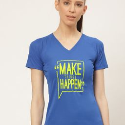 OFF LIMITS Women Blue & Lime Green Embossed Print V-Neck T-shirt-29