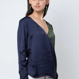 DODO & MOA Green & Navy Blue Colourblocked Wrap Top-image-28
