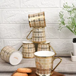 Femora Set of 6 Cream-Coloured Ethnic Motifs Printed Bone China Glossy Cups 180 ml Each-1
