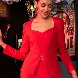 Athena Red Sweetheart Neck Puff Sleeves Regular Top-image-31