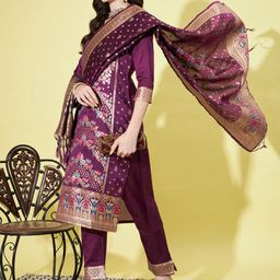 VredeVogel Floral Woven Design Round Neck Kurta with Trousers & With Dupatta-image-40